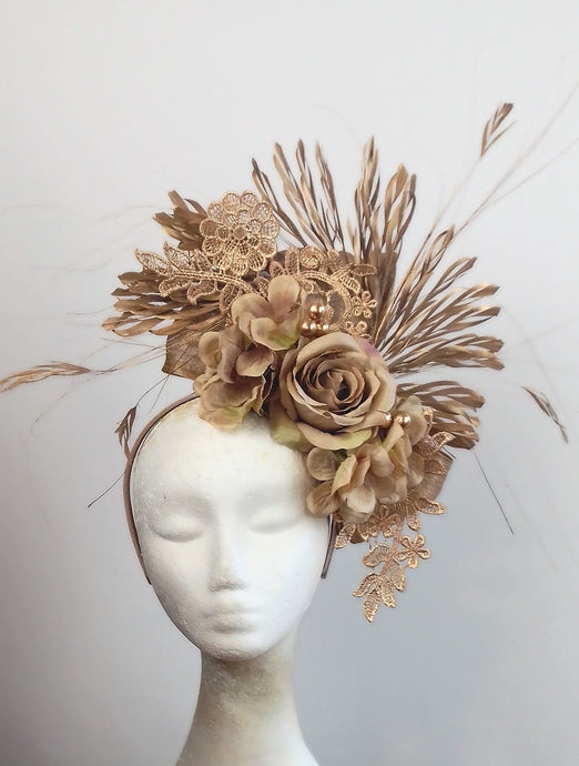 Beige nude gold feather floral fascinator