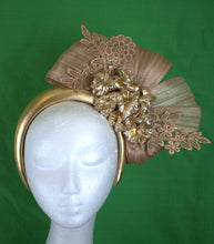 Load image into Gallery viewer, Gold beige feather floral fascinator