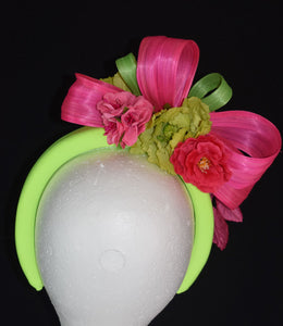 Hot pink and lime green floral crown fascinator