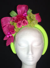 Load image into Gallery viewer, Hot pink and lime green floral crown fascinator