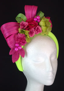 Hot pink and lime green floral crown fascinator