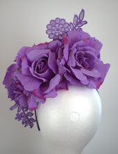 Load image into Gallery viewer, Purple flowers lace fascinator