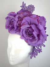 Load image into Gallery viewer, Purple flowers lace fascinator