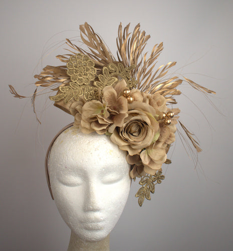 Beige nude gold feather floral fascinator