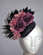 Load image into Gallery viewer, Burgundy and black floral fascinator