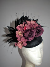 Load image into Gallery viewer, Burgundy and black floral fascinator